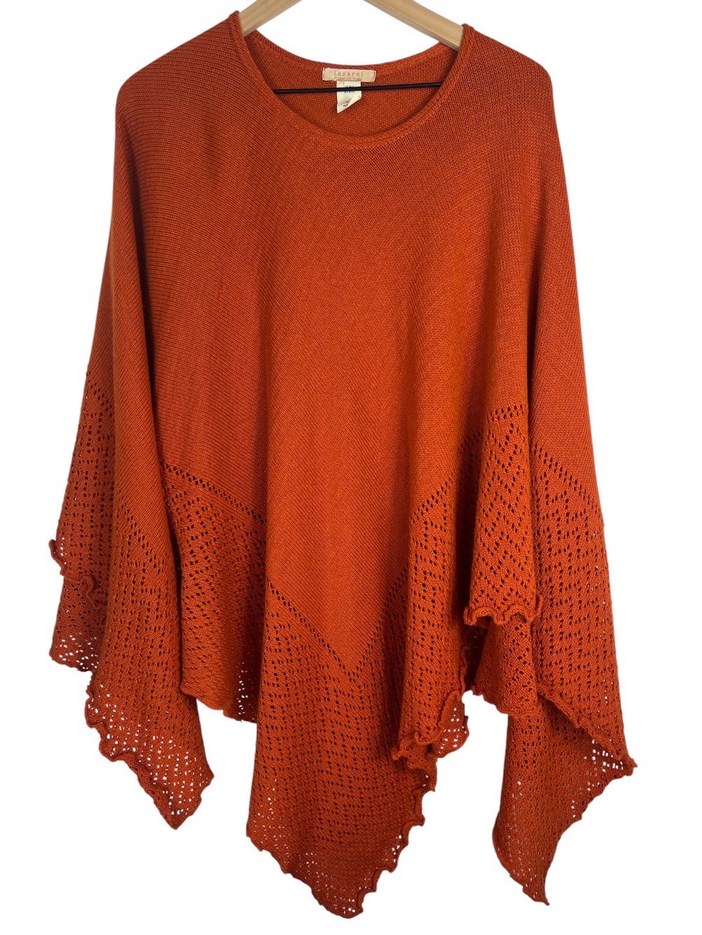 Inverni Italy OSFM Poncho Cape Wool Blend Orange Rust Asymmetric Hem Crochet